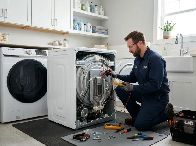 Appliance Repair Hero technician checking a dryer heating element with the rear panel off in Balch Springs, TX