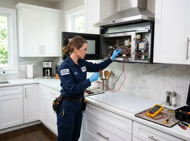 Appliance Repair Hero technician testing an over-the-range microwave in a Balch Springs, TX kitchen
