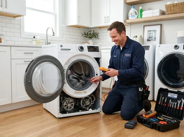 Appliance Repair Hero technician testing a front-load washer with a multimeter on a Balch Springs, TX service call